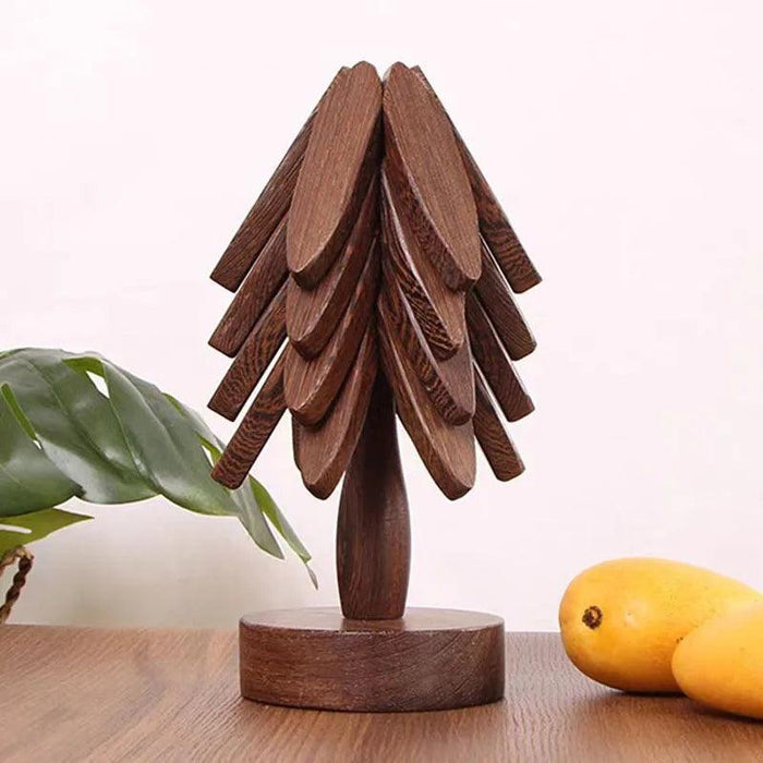 Set of 4 - Walnut Wood Tree-Shaped Heat-Resistant Trivet Set