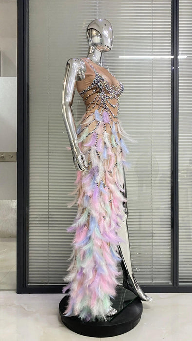 Opulent Feather & Diamond Evening Dress - Custom Luxury | Exclusive 2023 Release