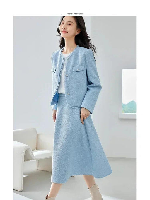 Elegant Blue Tweed Women's 2-Piece Suit Set with Cropped Jacket and Midi Skirt for Spring Style