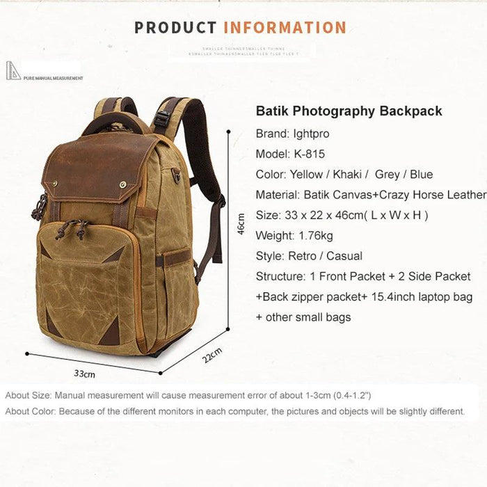 Vintage Batik Canvas Camera Backpack with USB Charging Feature - Ideal for Men’s Photography and Travel Adventures