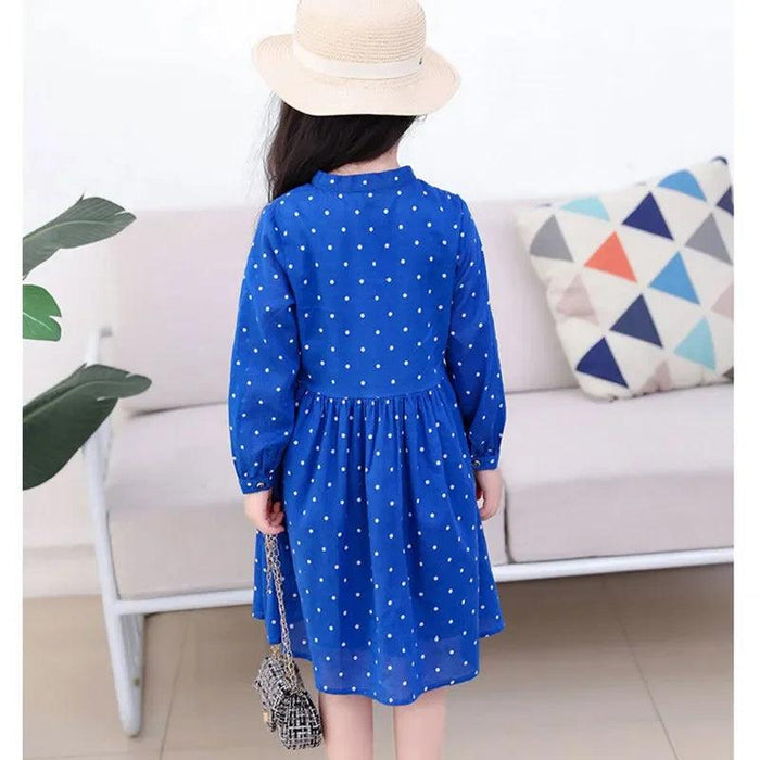 Girls' Long Sleeve Polka Dot Cotton Flare Dress - Stylish Blue Casual & Formal Wear for Kids