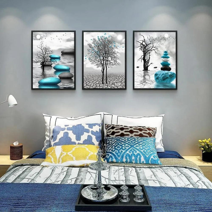 Elegant Blue Abstract Canvas Art Trio with Sleek Black Frames - 3-Piece Set, 20x28 inches Each