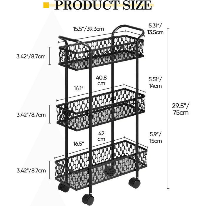 Compact Black 3-Tier Rolling Mesh Organizer Cart for Effortless Storage