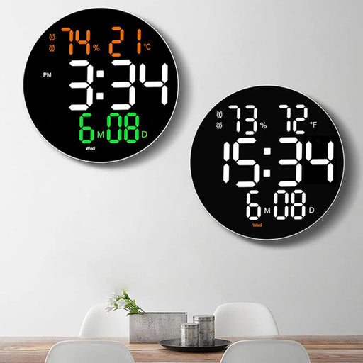 Stylish 10" or 12" Digital LED Wall Clock with Dual Alarms, Temperature Display, and Calendar for Modern Home Decor