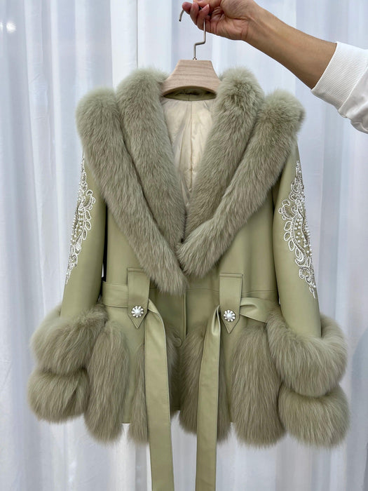 Luxurious V-neck Fox Fur and Sheepskin Winter Coat