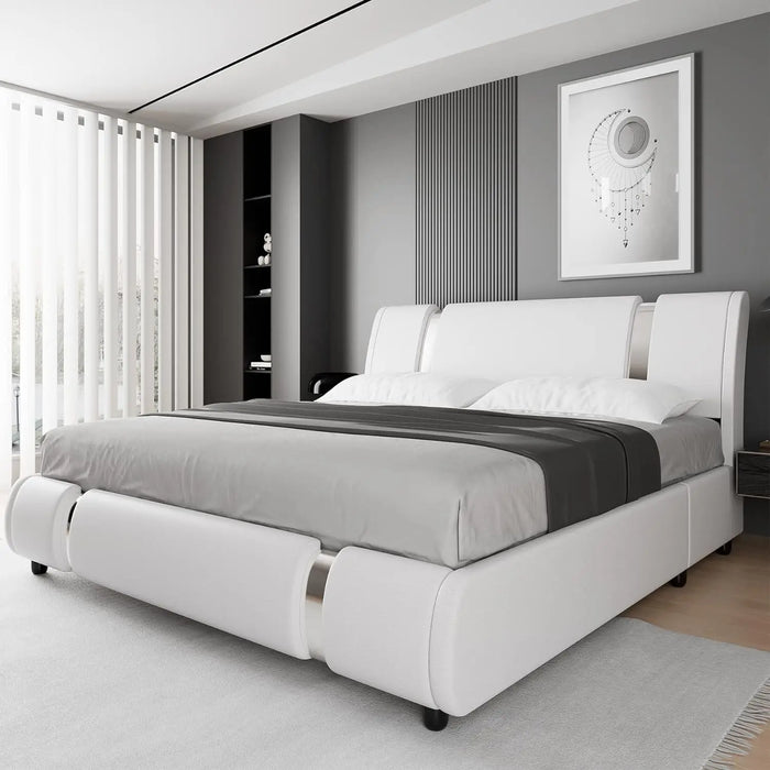 Chic Stainless Steel Upholstered Bed Frame with Adjustable Curved Headboard