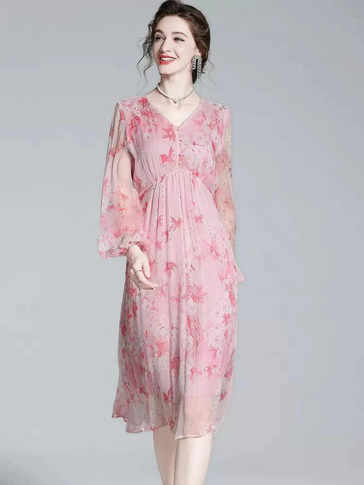 Chic V-Neck Puff Sleeve Mulberry Silk Dress with French Floral Print