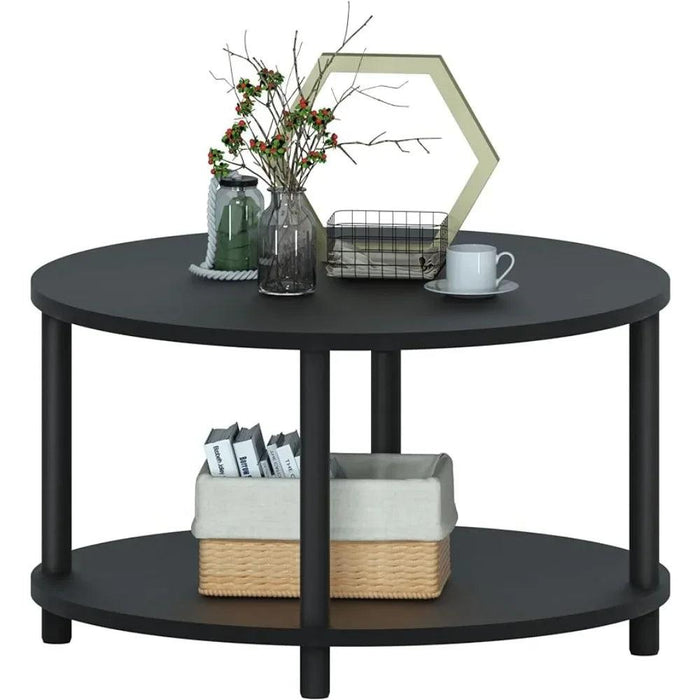 Sleek Round Black Wood Coffee Table with Multi-Level Storage - Durable Metal Legs for Home and Office