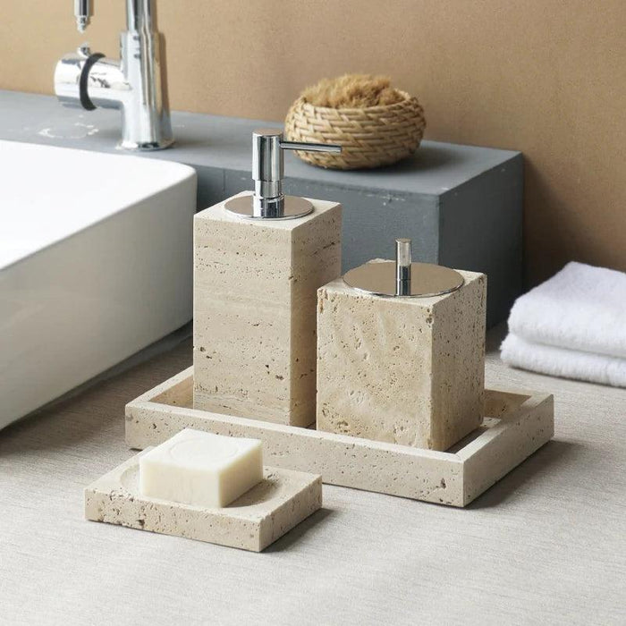 Natural Beige Travertine Luxury Bathroom Accessory Collection - Soap Dispenser, Dish, Reed Diffuser & Vanity Tray Set