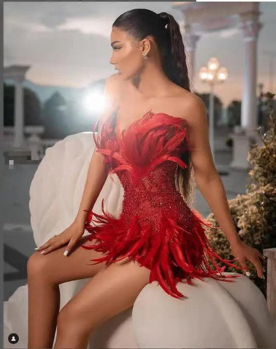 Crimson Elegance Feathered Night Out Dress - Luxe Edition