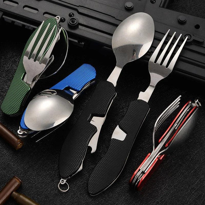 Multi-Functional Outdoor Dining Utensil Set: Fork, Spoon, Knife & Bottle Opener for Campers and Hikers
