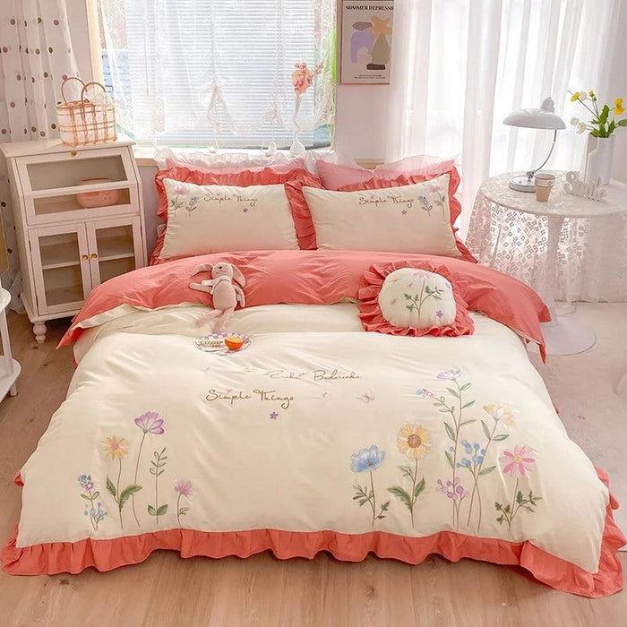 Pastoral Elegance: Embroidered Floral Cotton Bedding Set with Ruffled Details - Duvet Cover, Flat & Fitted Sheets, Pillowcases