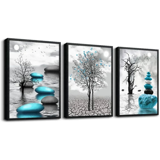 Blue Abstract Wall Art Set with Black Wood Frame - Set of 3 Panels, 20x28inch each