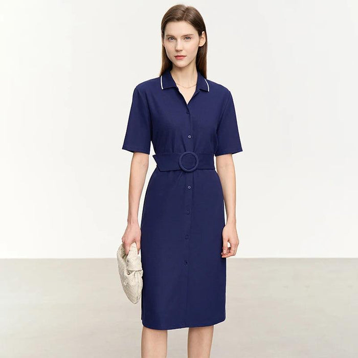 Elegant Minimalist Summer Dress with Belted Waist and Collar for the Contemporary Woman