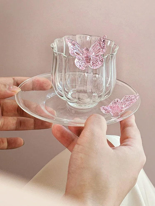 Charming Pink Bow Glass Cup and Saucer Set - 150ml Kids' Drinkware Gift