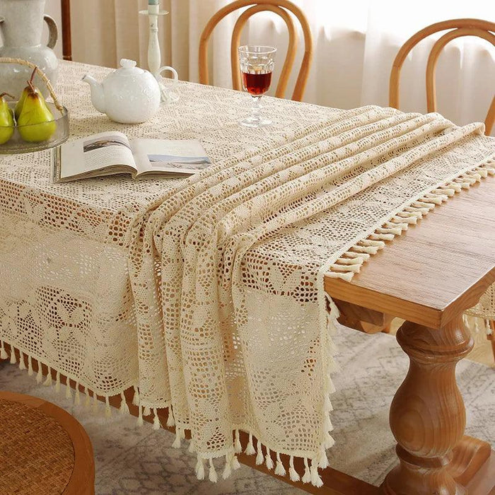 Rustic Elegance Handcrafted Crochet Beige Table Cover - Perfect for Dining, Bridal Celebrations, and Home Decor