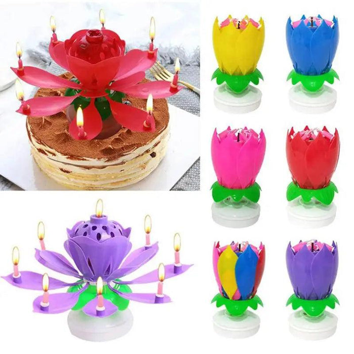 Musical Lotus Flower Birthday Candle with LED Lights and Rotating Action for Cakes and Cupcakes