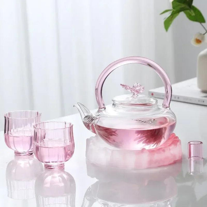 Elegant 700ml Clear Pink Iris Pyrex Teapot - The Perfect Addition to Your Tea Ceremony