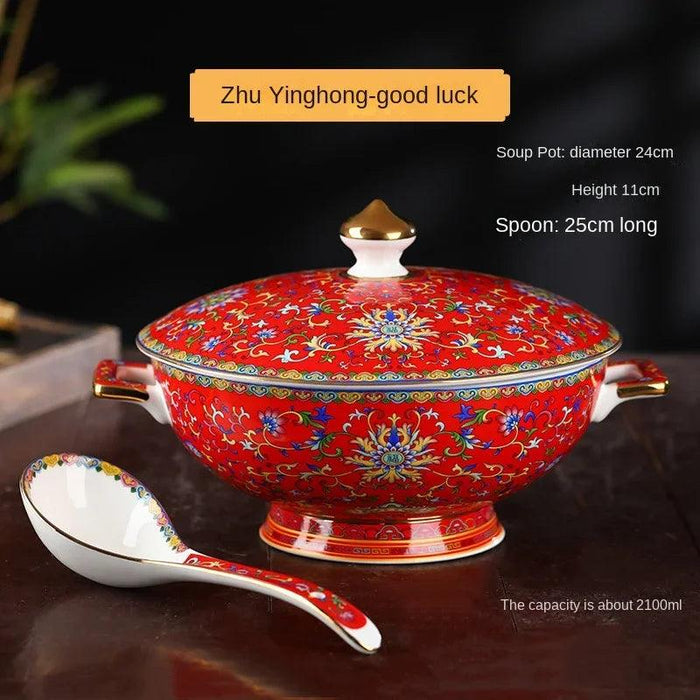 Authentic Elegant Under-glazed Ceramic Soup Pot with Lid and Spoon - Large Round Design with Gold Accents for Chinese Dining and Decor