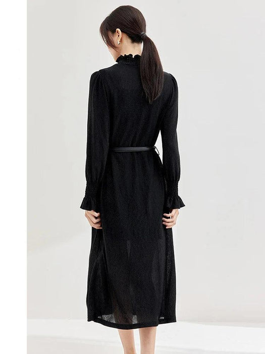 Autumn Elegance: Hepburn-Inspired Midi Dress with Ruffle Neck and Tie Waist