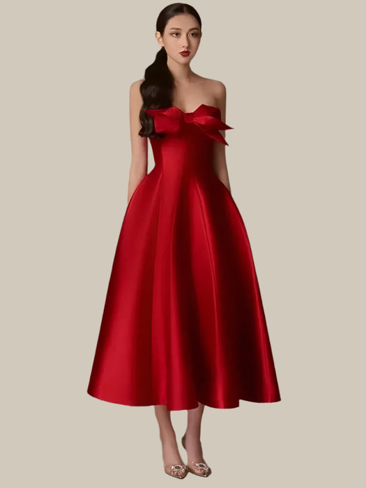 DEAT Chic Bowknot High-Waisted Satin Evening Dress - Strapless Backless Women's Summer Celebration Gown