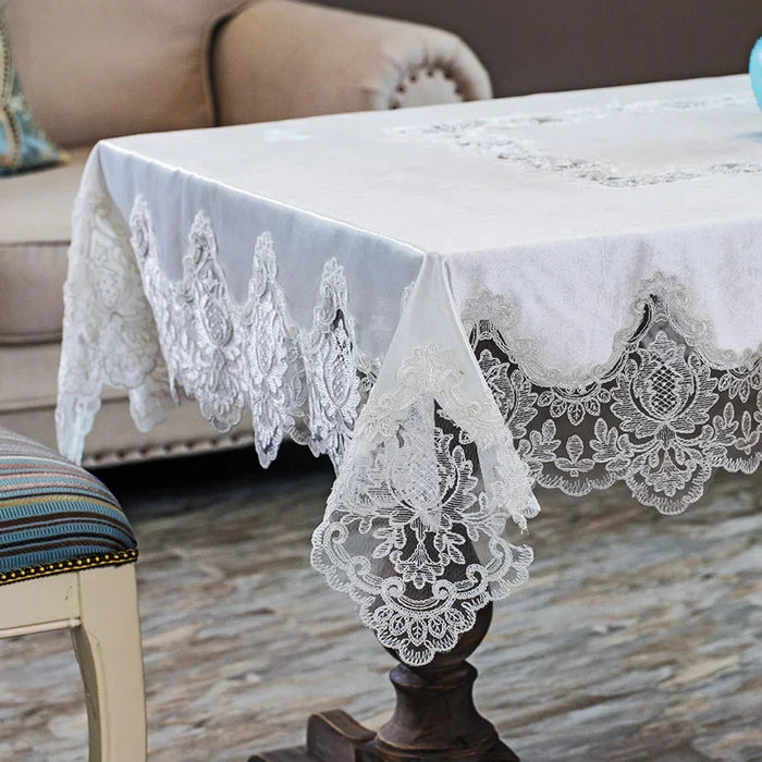 Luxurious White Gold Velvet Table Cover with Lace Detailing - Exquisite Dining Room Style