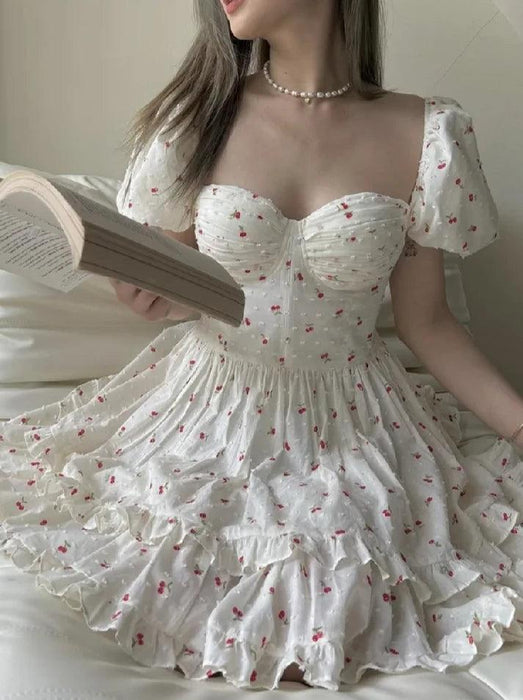 Vintage White Corset Dress with Cherry Blossom Print – Ruffled Hem & Lantern Sleeves