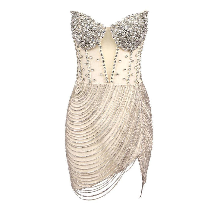 Radiant Crystal Embellished Sheath Dress - Chic Above Knee Gown for Weddings and Special Events