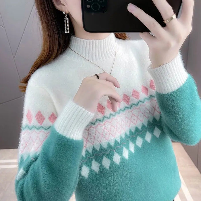 Cozy Winter Knit Pullover - Korean Print Sweater for Stylish Women