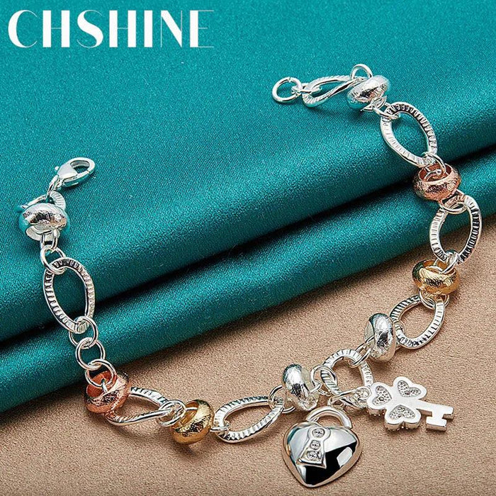 Radiant 925 Sterling Silver Heart Lock Clover Bracelet with Dazzling Zircon Stones