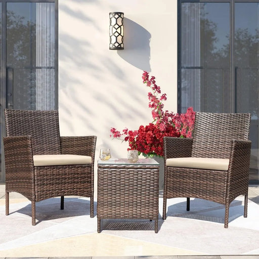 3pcs Rattan Wicker Patio Set with Cushions - Brown/Beige - Lightweight and Stylish - Outdoor Seating Solution