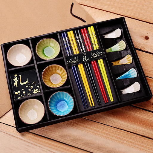 Chinese Wind Ceramic Sushi Set with Festive Chopsticks in Handcrafted Gift Box