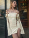 Seductive Off-Shoulder Ribbed Bodycon Mini Dress with Elegant Flare Sleeves and Chic Backless Design