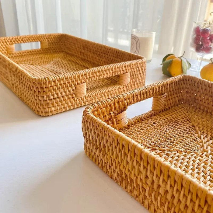 Artisan Woven Rattan Storage Tray for Fruits, Vegetables, and Tea