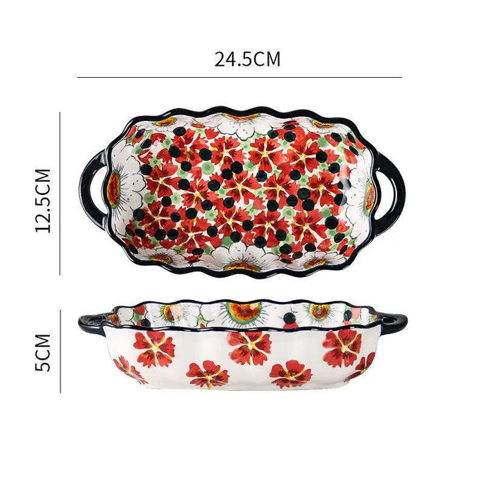 Elegant Bohemian Ceramic Serving Bowl with Handles - Multifunctional Bakeware for Oven, Microwave, and Soup