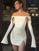 Seductive Off-Shoulder Ribbed Bodycon Mini Dress with Elegant Flare Sleeves and Chic Backless Design