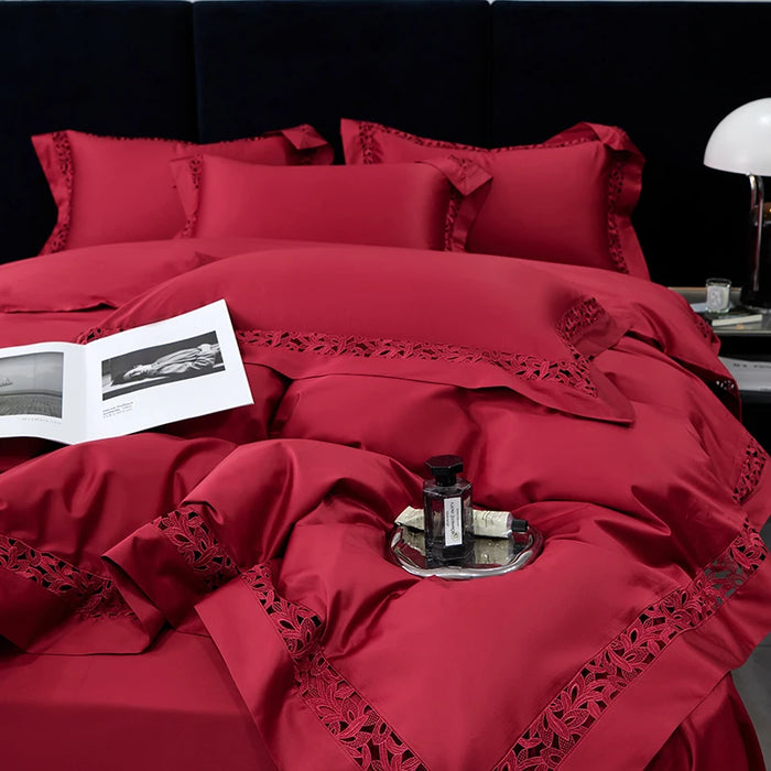Exquisite 1200TC Egyptian Cotton Luxury Bedding Collection with Elegant Hollow Lace Trim, Duvet Cover, Flat & Fitted Sheets, and Pillowcases