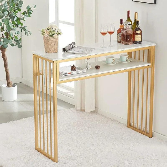 Sleek Gold Bar Table with Open Shelving - Stylish Versatile Furniture for Contemporary Spaces