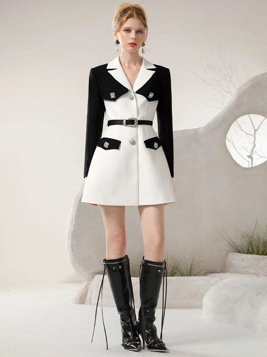 Chic Spring Black and White Business Suit Dress with Niche Waist Design