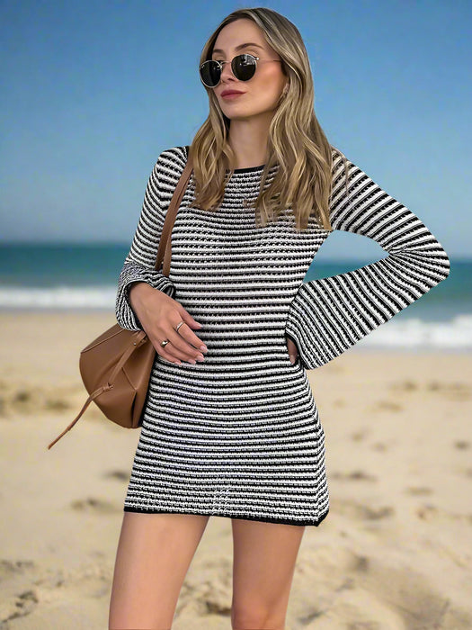 Women's Chic Striped Knit Mini Dress - High Waist Long Sleeve Style for Autumn/Winter