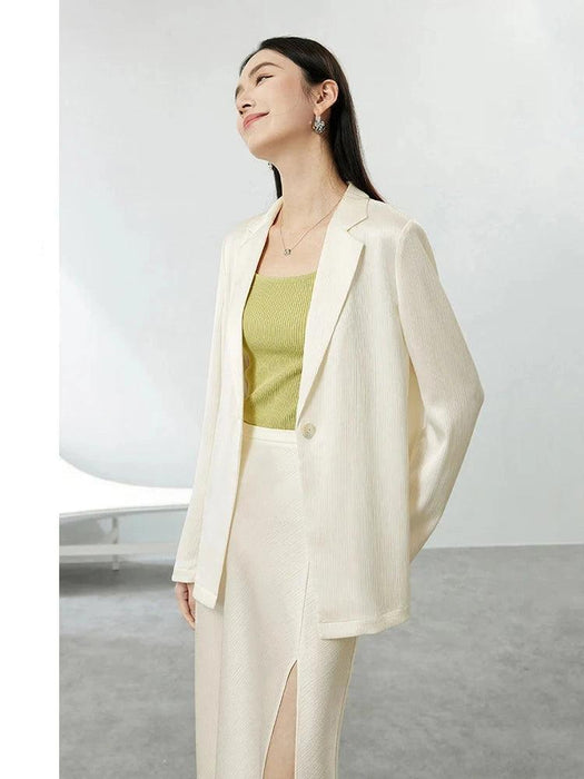 Chic Women's Satin Blazer and A-line Midi Skirt Ensemble for Autumn