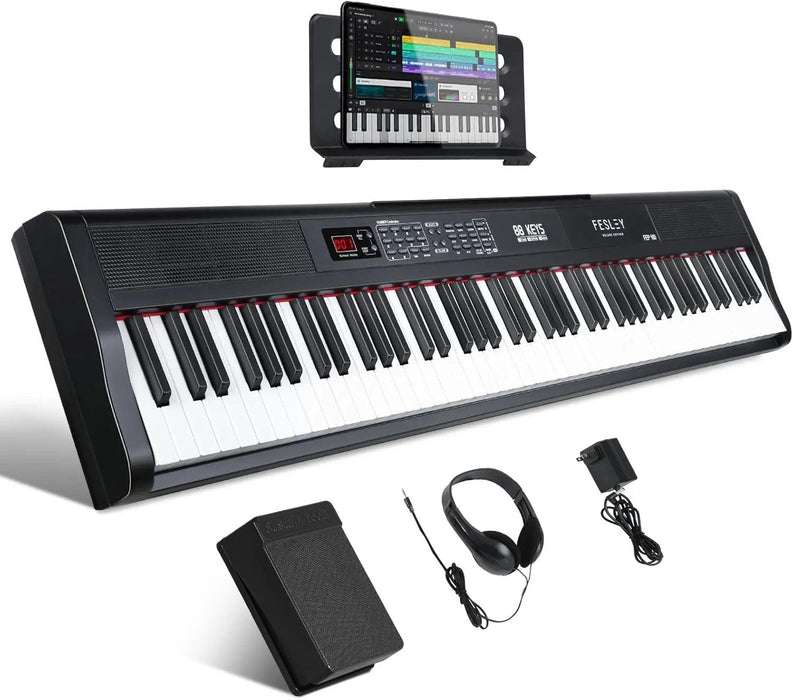 Fesley 88-Key Full-Size Portable Digital Piano with Music Stand, Power Adapter, and Sustain Pedal