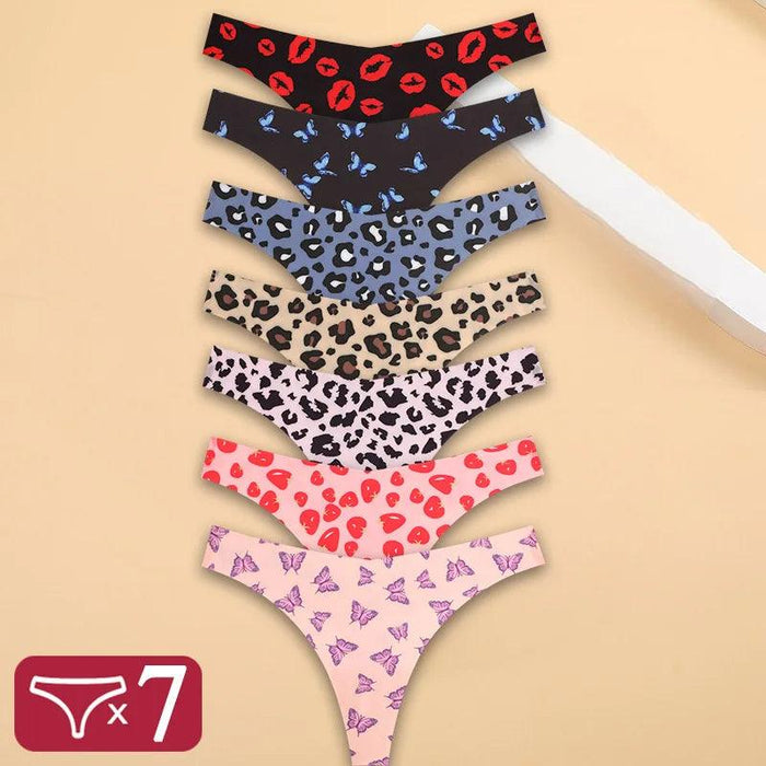 7Pcs Seamless Ice Silk Thong Set for Women - Fresh Low Waisted Print Underwear