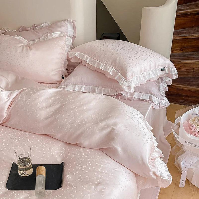 Luxurious Blush Lyocell Silky Princess Bedding Ensemble with Jacquard Ruffles - Duvet Cover, Flat Sheet, Fitted Sheet, and Pillowcases