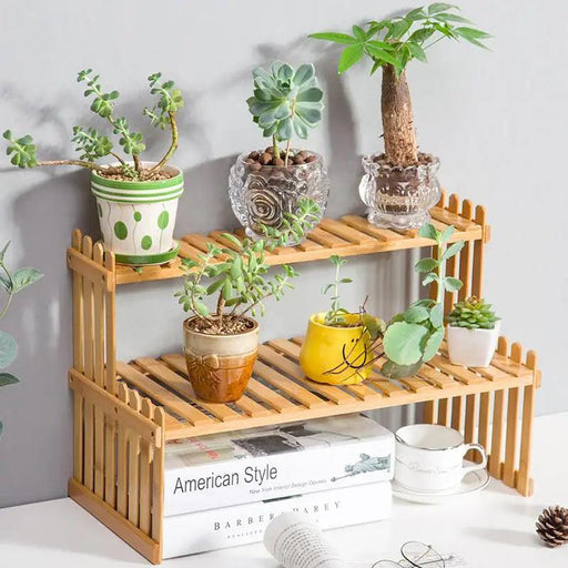 Rustic 2-Tier Bamboo Plant Stand – Stylish Indoor Organizer for Succulents and Greenery