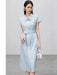 Chic Light Blue Polo Collar A-line Midi Dress with Belt and Pockets