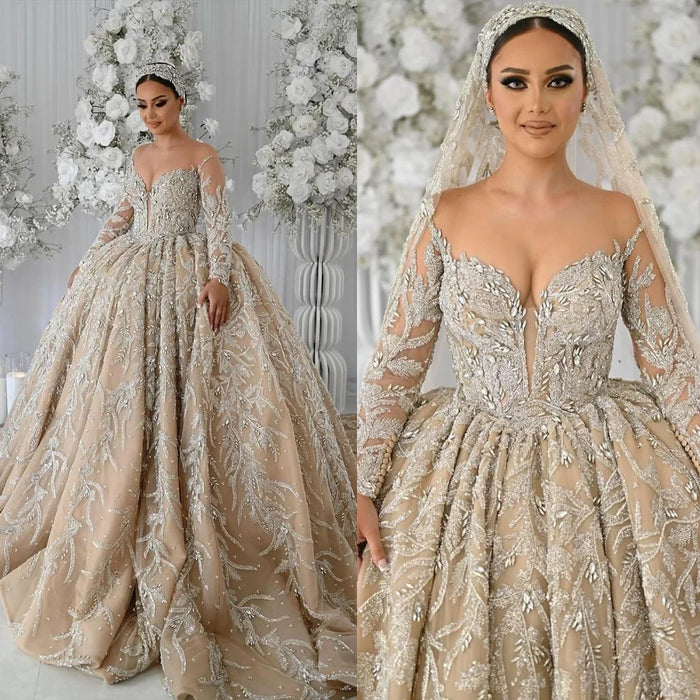 Stunning Bespoke Off-Shoulder Sequin Wedding Ball Gown with Elegant Long Sleeves