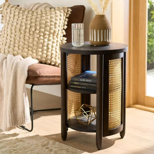 Tropical Charm Caned Round Side Table with Warm Honey Finish – Versatile Elegance for Any Room