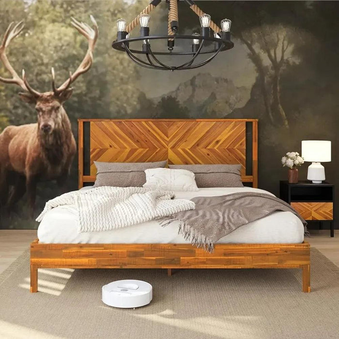 Rustic Golden Brown Acacia Wood Queen Bed Frame with Herringbone Headboard