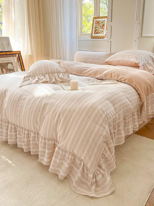 Elegant 4-Piece French Vintage Plaid Cotton Bedding Set with Ruffled Duvet Cover and Bed Skirt